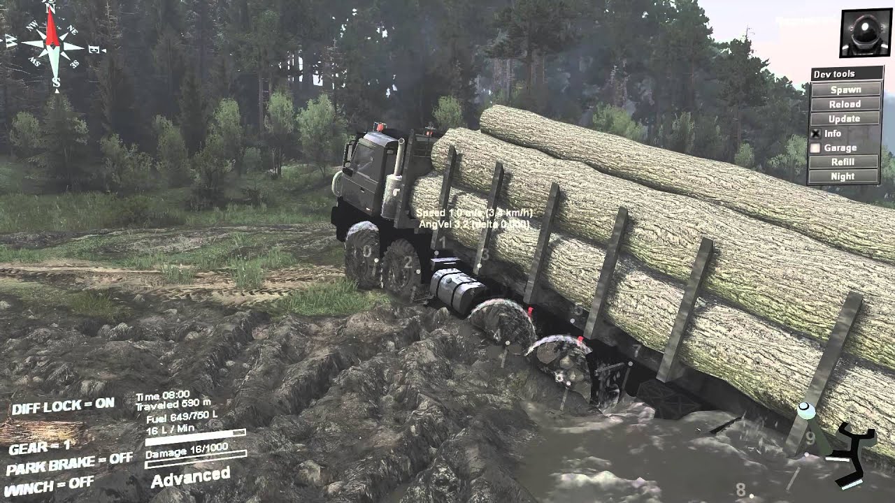Spintires Tatra 10x10 with long logs plowing through mud