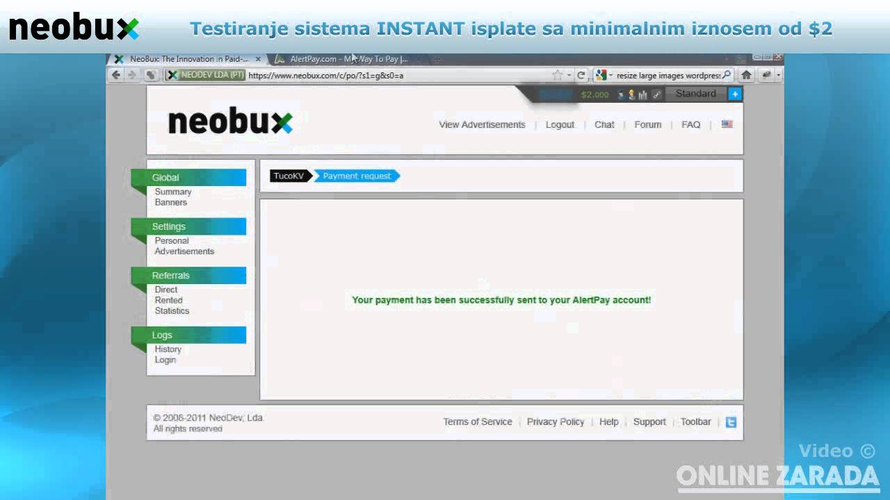 Sigurna zarada preko interneta - NeoBux - Dokaz isplate - INSTANT
