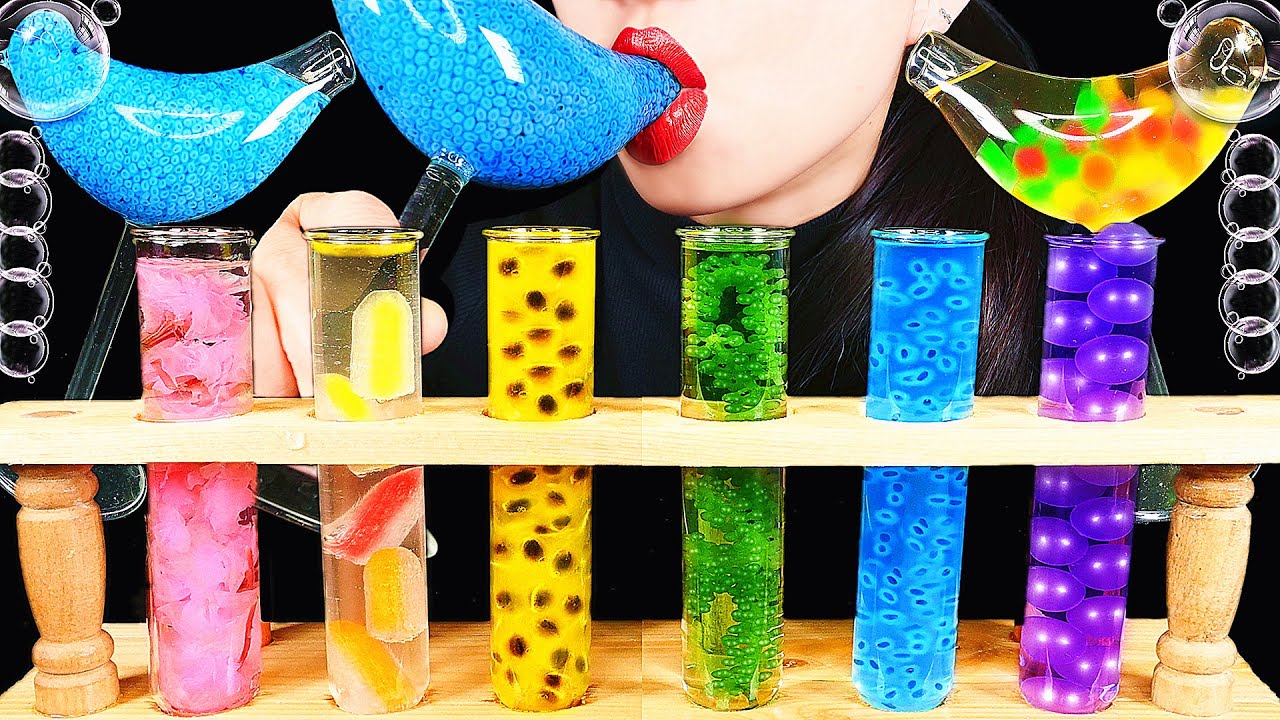 ASMR  RAINBOW DRINKS DRINKING SOUNDS 신기한 물 먹방, EDIBLE CRYSTAL, EDIBLE FROG EGG BOBA JELLO BIRD GLASS
