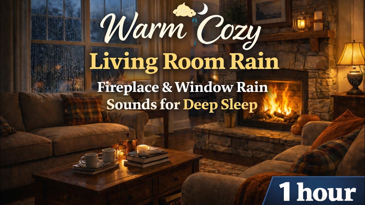 Warm Cozy Living Room Rain 🌧️ Fireplace & Window Rain Sounds for Deep Sleep (1 Hour)