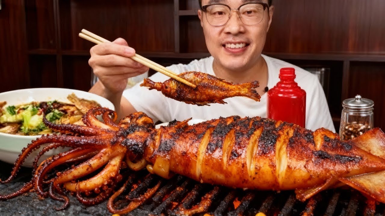 【沉浸式吃播】唰啦～的暴击！一整只颤巍巍的炭烤大鱿鱼，嚼到Q弹筋道，鲜到海浪拍脸！