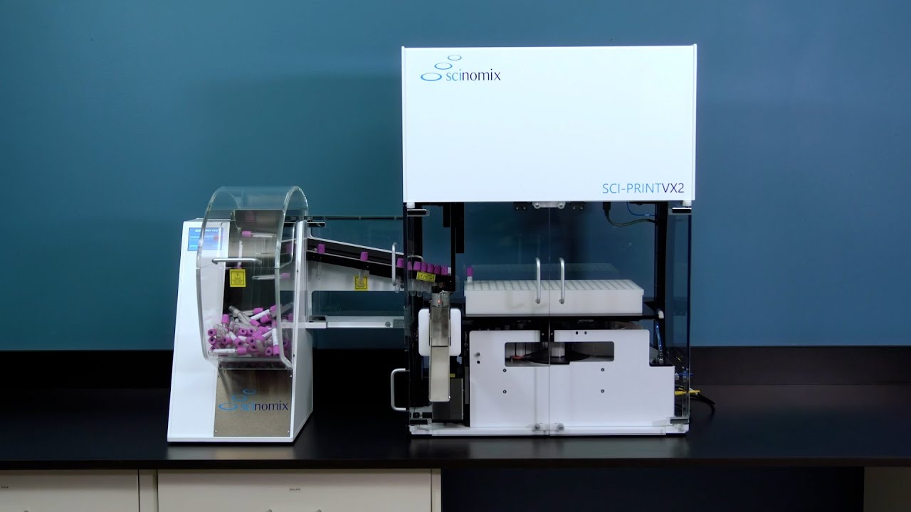 Sci-Print VX2 Tube Handling System with Scinomix VXQ Bulk Tube Feeder featuring vacutainers