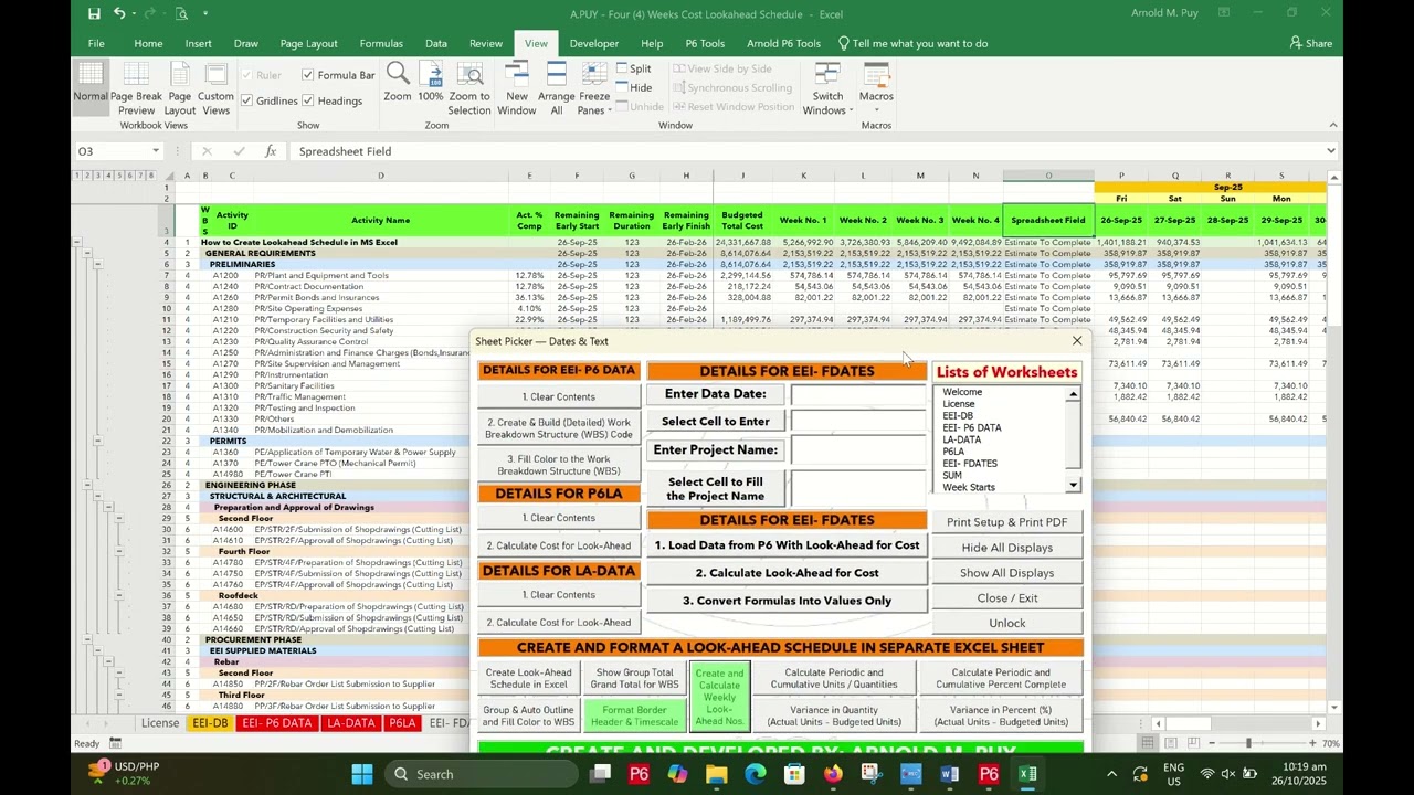 Create Lookahead Schedule in MS Excel