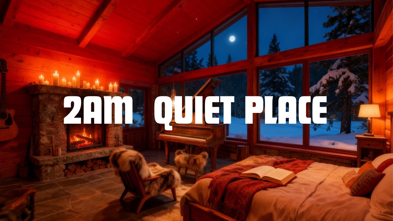 Midnight Snow Cabin Ambience for Night Anxiety – Warm Fireplace