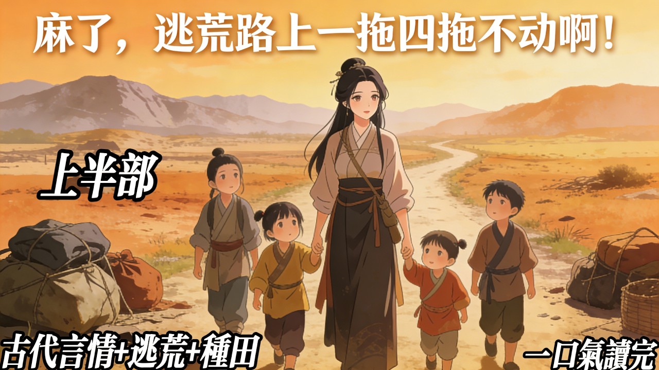 上半部《麻了，逃荒路上一拖四拖不动啊！》#种田 #古代言情 #逃荒 #萌宝 #穿越 #略微沙雕 你试过摔一跤就穿越吗？你试过没有怀胎十月，经历生产之痛，就有四个孩子叫你娘吗？这些赵依依都试过，而且……