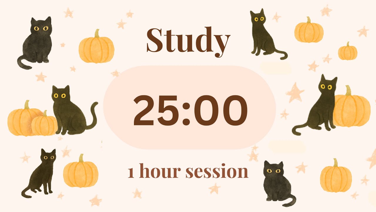 Halloween Pomodoro Timer 🎃 Black Cat & Pumpkin | 2 Hour Cozy Focus Session (No Music)