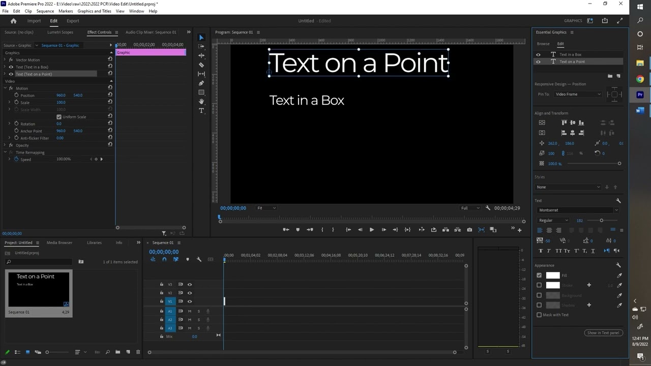 Two types of Text Boxes, scaling and word wrap in Adobe Premier Pro