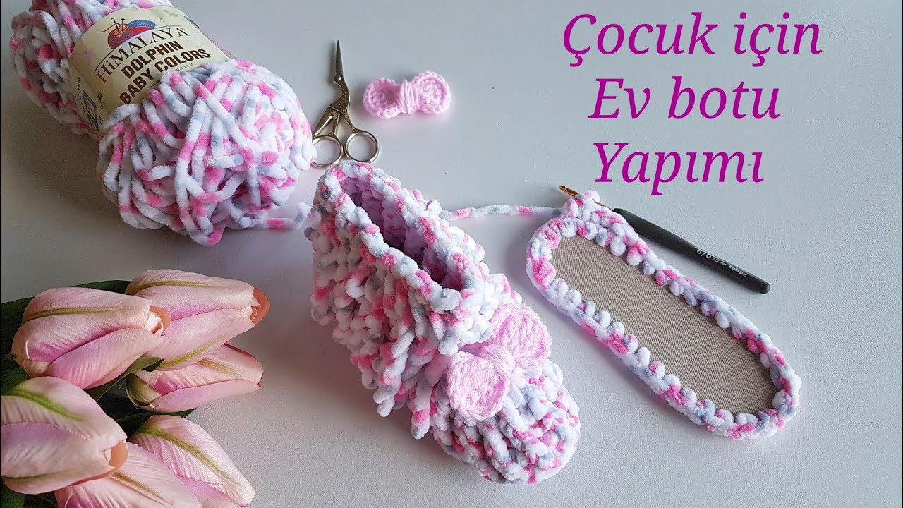 Kadife ip ile püsküllü evbotu  (2_3 yaş için ) Panduf