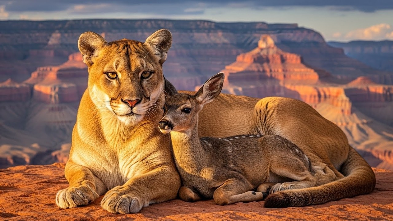 In the Grand Canyon, a puma raises a deer as if it were its own cub.
