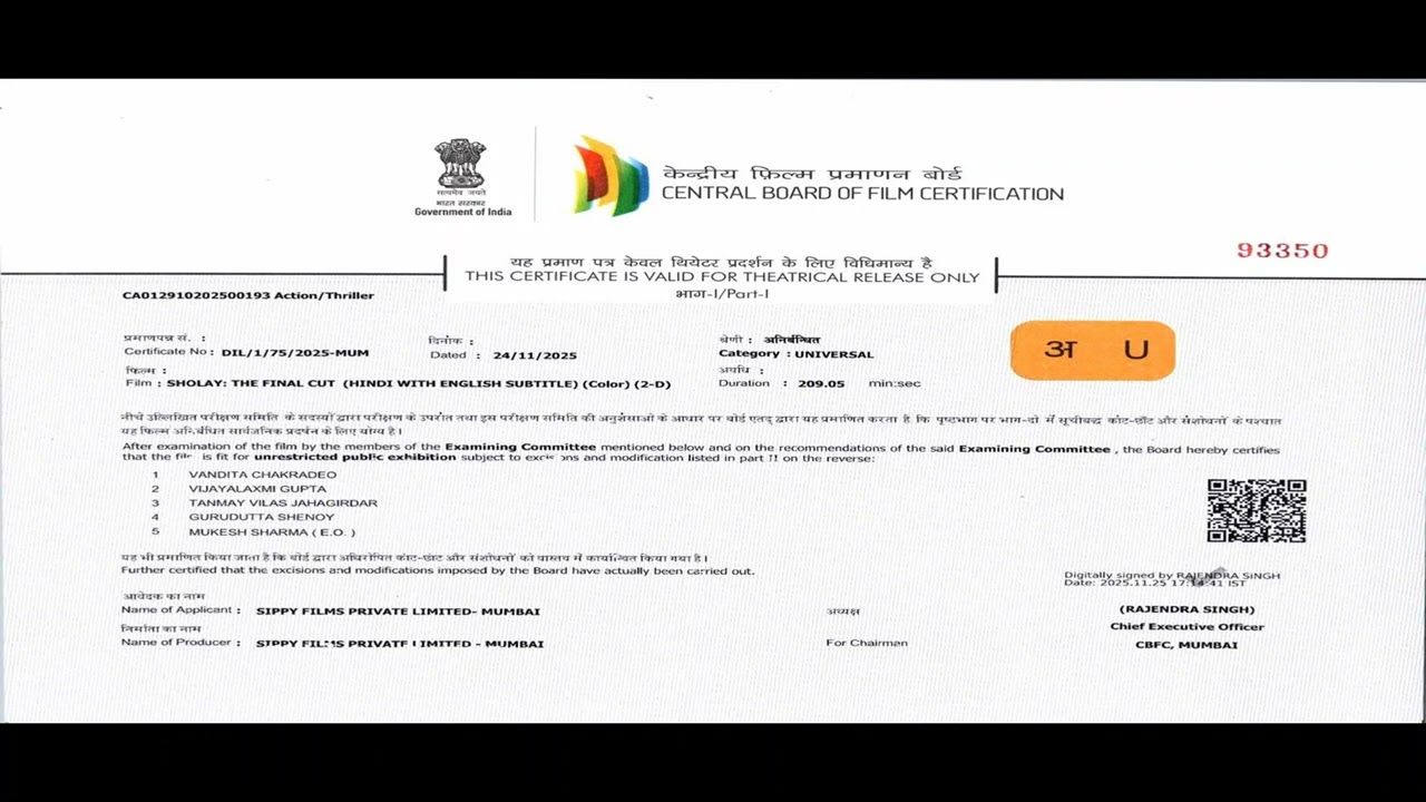 Sholay: The Final Cut (2025) - Censor Certificate [U]
