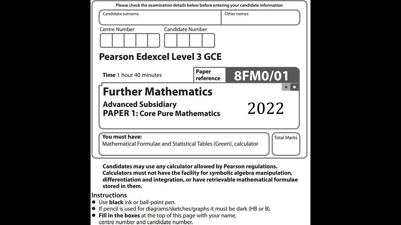 AS Core Pure 2022 Pearson Edexcel Further maths