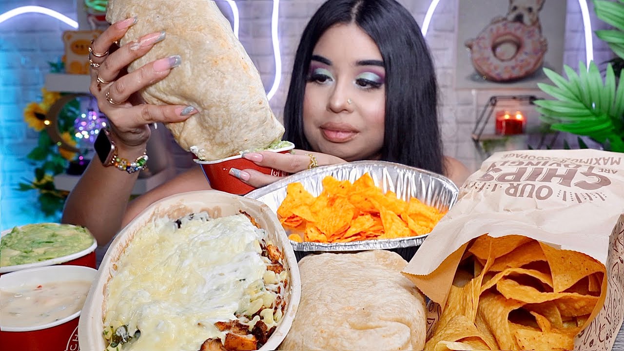 ASMR MUKBANG CHIPOTLE GIANT BURRITO, LOADED BURRITO BOWL WITH DORITOS CHIPS EXTRA GUAC *messy*