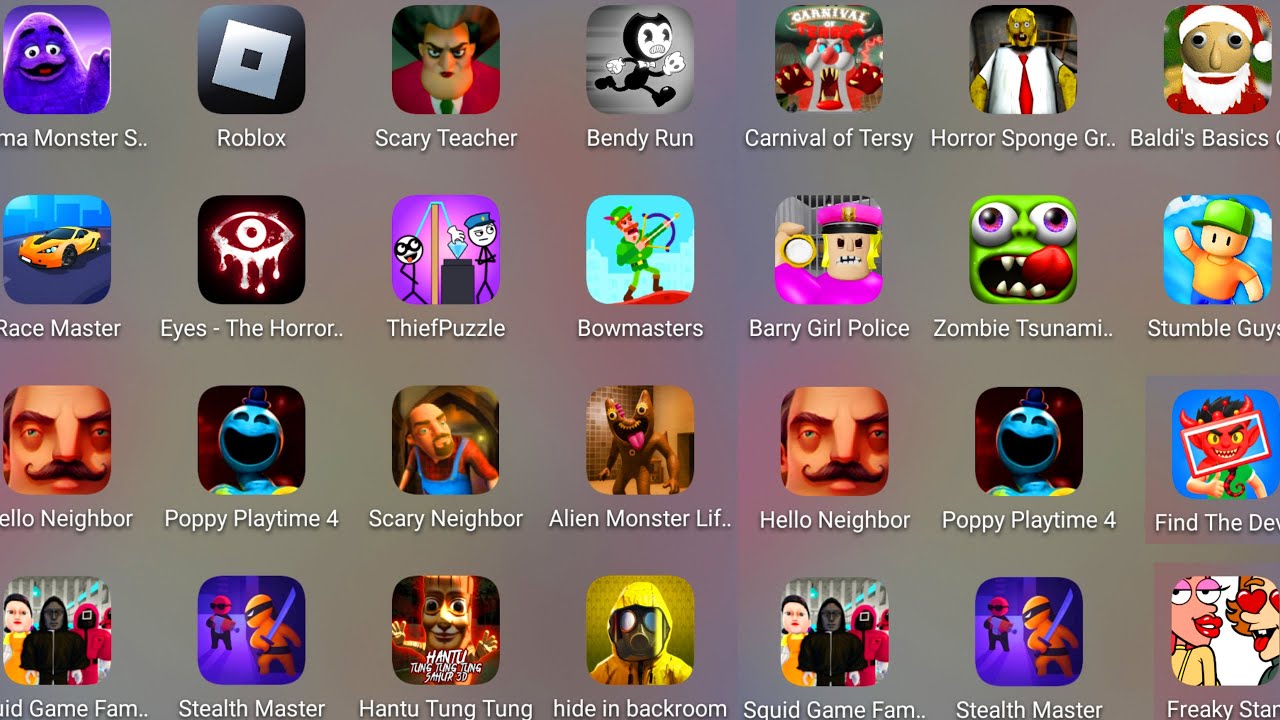 Roblox,Scary Teacher 3D,Carnival of Terror,Poppy Playtime 4,Alien Monster Life Challenge 7,Granny...