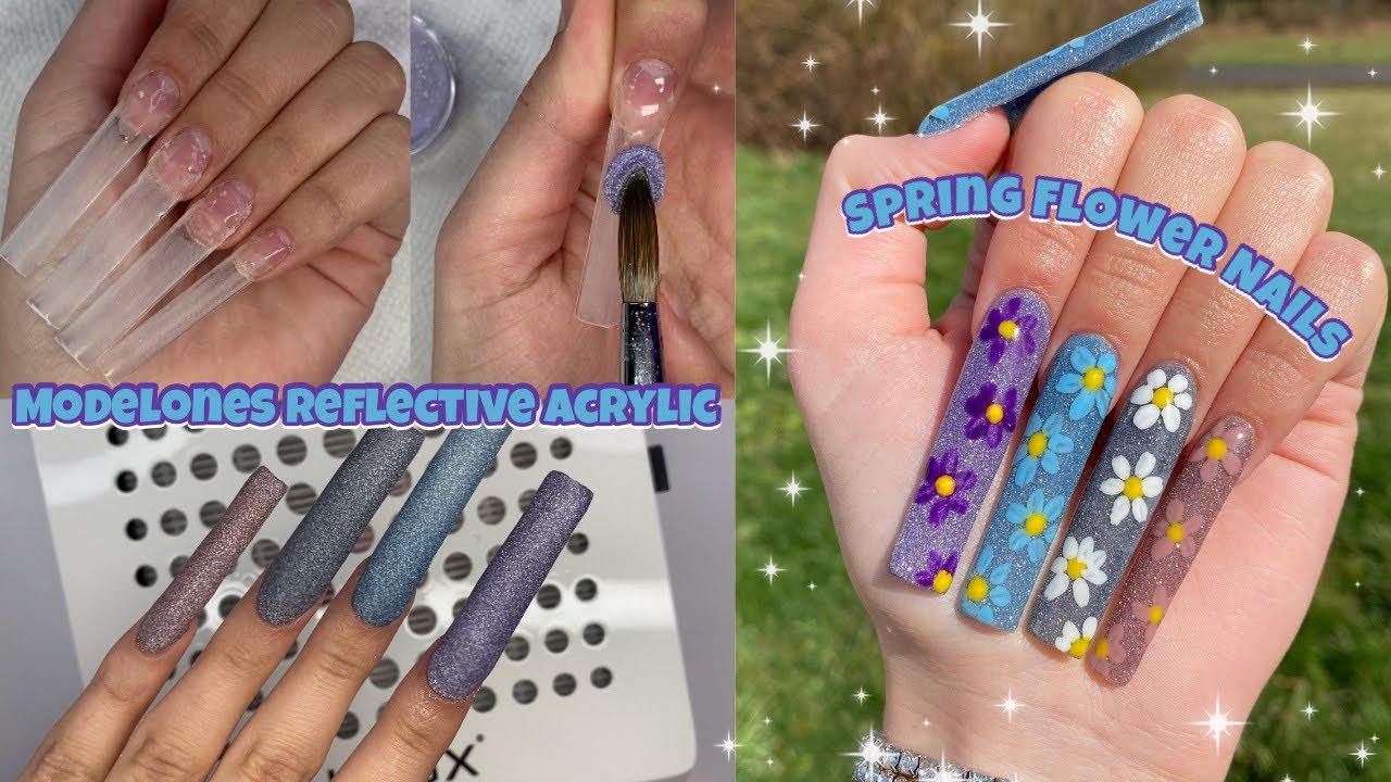 MODELONES REFLECTIVE ACRYLIC POWDER | ACRYLIC SWATCHING | 3XL SPRING FLOWER NAILS | NAIL TUTORIAL
