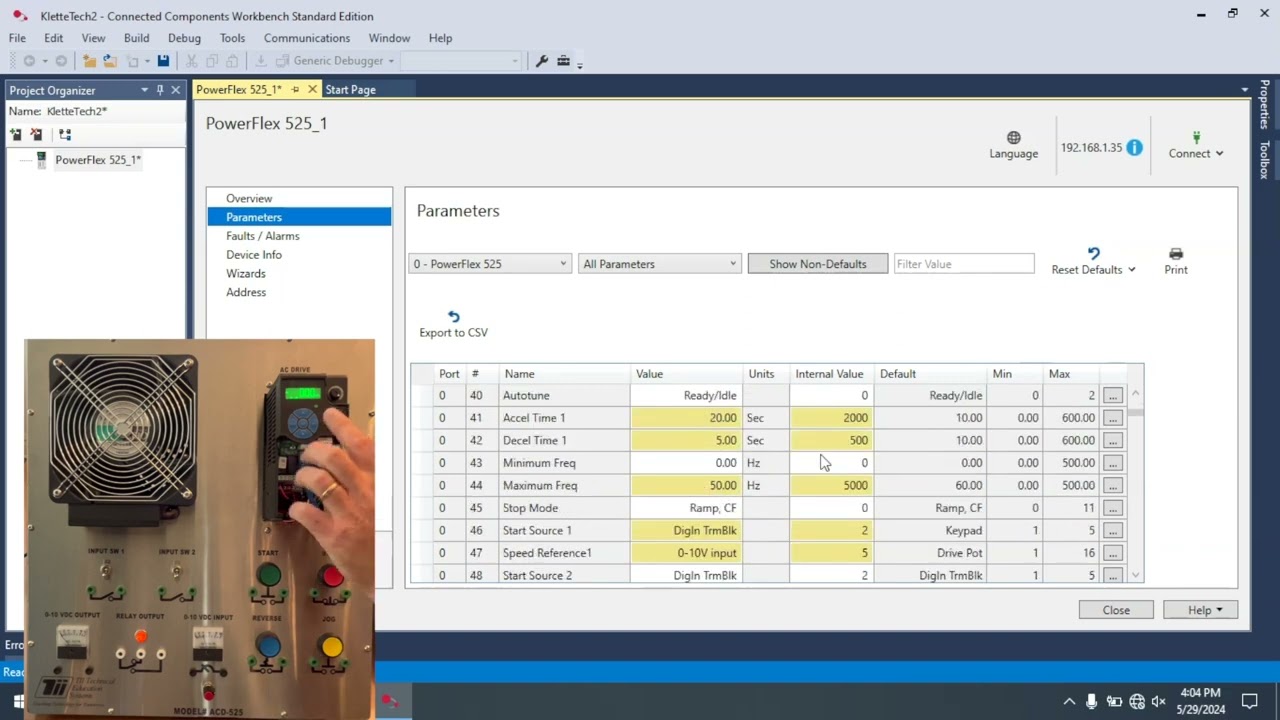 Загрузка настроек PowerFlex 525 в Connected Component Workbench