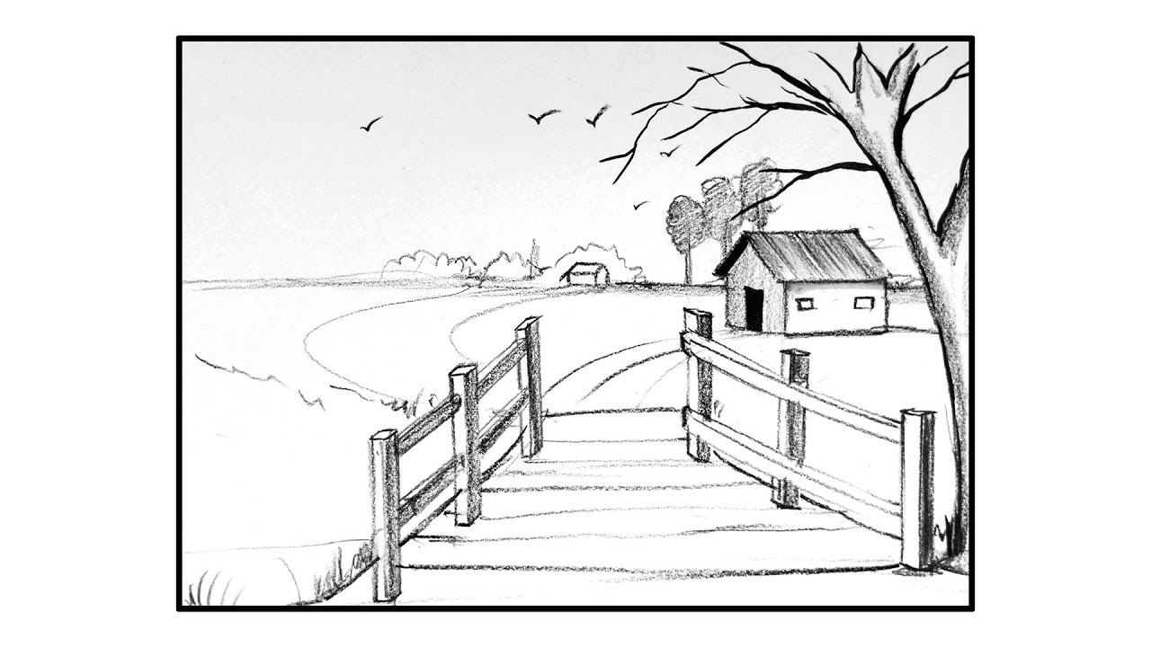 Rural Tranquility: Pencil Sketch of a Wooden Bridge and Homestead