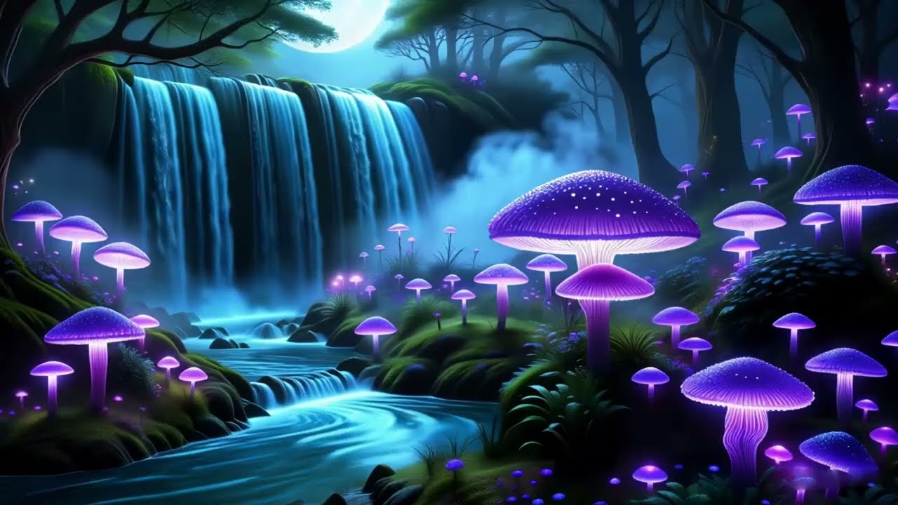 🌌 Glowing Mushroom Waterfall Ambience ✨ Cozy Relaxing Sounds for Sleep