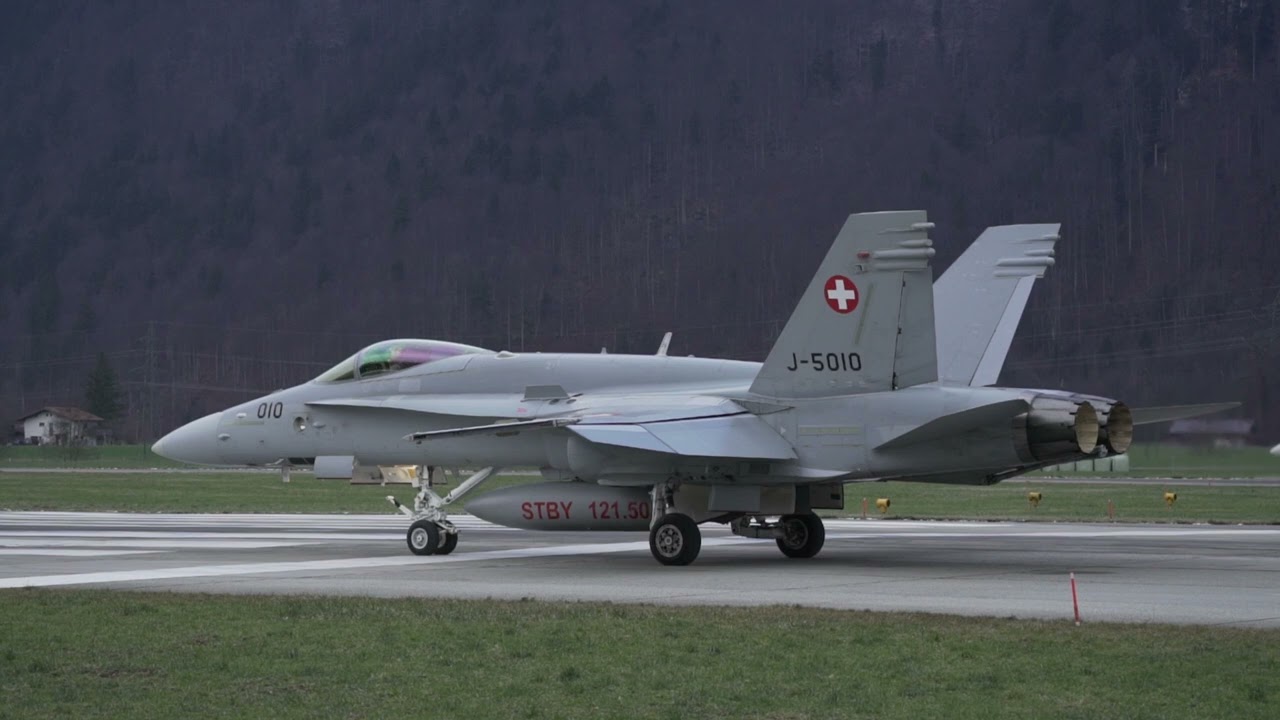 Swiss Air Force F-18 taking off at Meiringen Air Force base