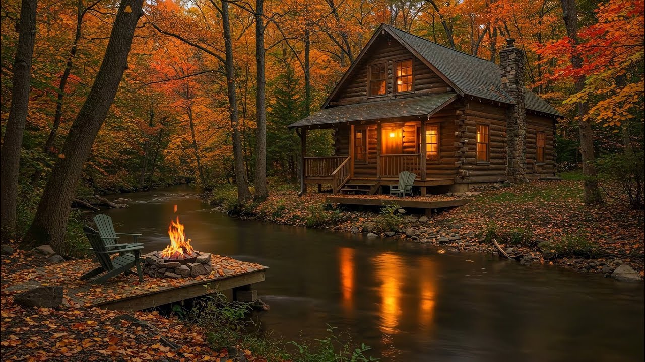 Your Dream Fall Escape 🍁 | Cozy Cabin, Crackling Fire & Peaceful Forest River Ambience