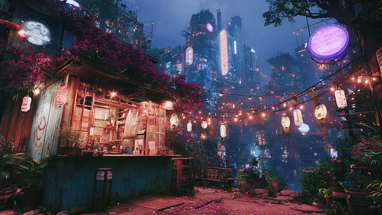 Lofi Nest – Japanese Rain Café Ambience with Crickets | Peaceful Night in a Neon Alley