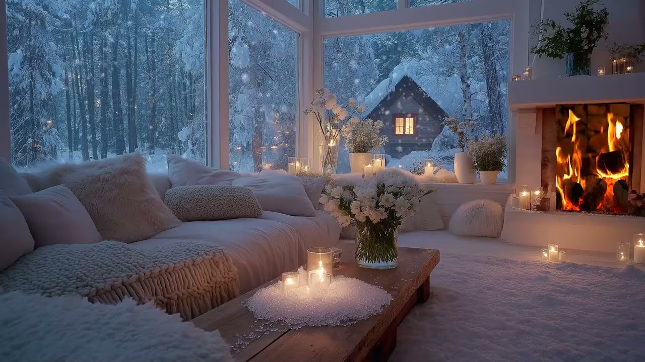 🏡Peaceful Snowy Lounge Piano | White Interior & Gentle Snowfall | 5 Hours Calm Study Work Meditation