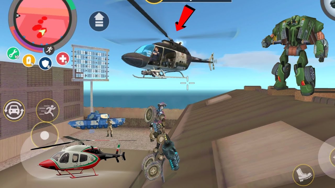 Rope Hero: Vice Town (Transformer Bike Destroy Police Helicopter) Robot Bike on Army Warehouse - HD