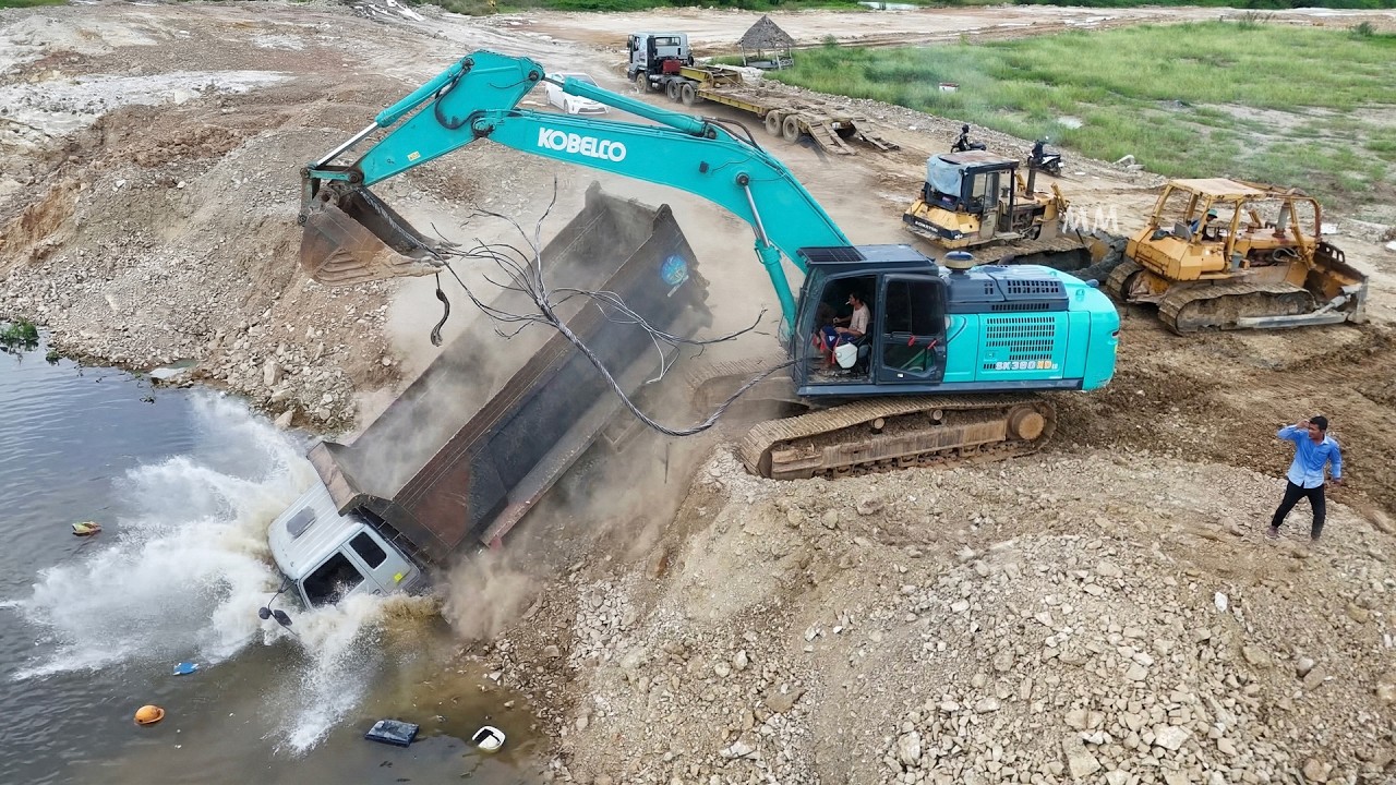 Fantastic Recovery! Twos Dump Truck Fail By Lake Shore Landslide, Excavator & Bulldozer Pull Out