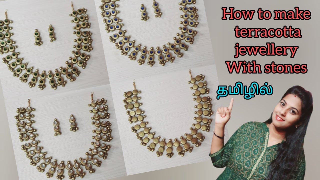 Terracotta jewellery making with stones || Terracotta jewellery making with kundhan stones in tamil