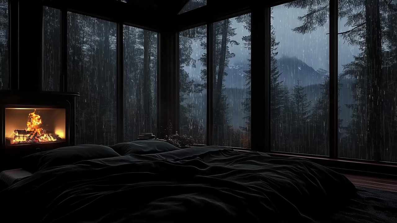🎹 Rainy Forest Night Piano | Cozy Cabin Fireplace Ambience | Relaxing Music for Sleep, Study & Focus