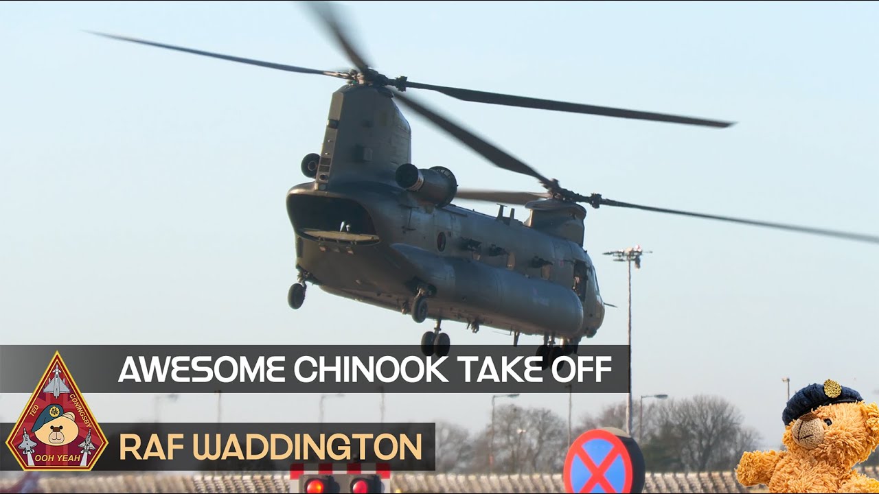 AWESOME WOKKA DEPARTURE! CHECK THIS PROPER COOL CHINOOK TAKEOFF • RAF WADDINGTON