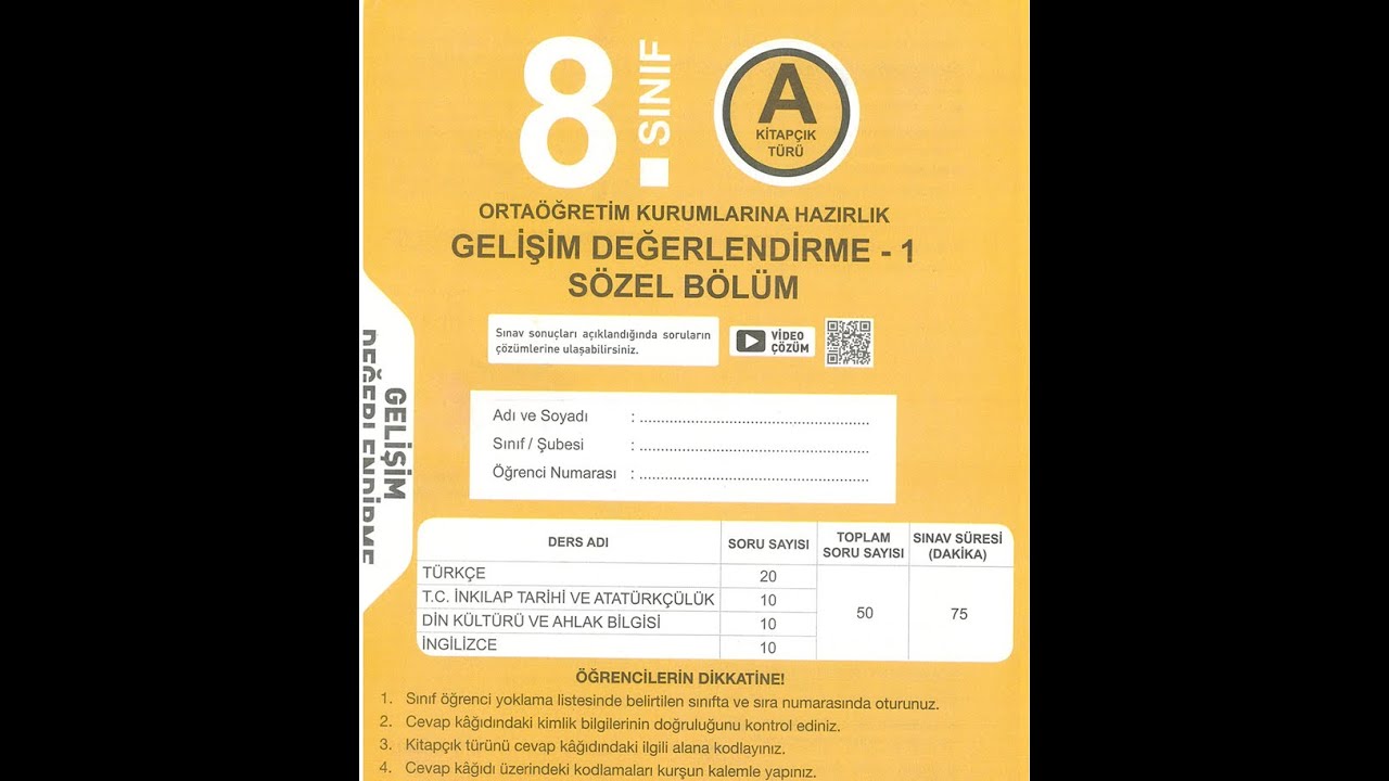 8. sınıf HIZ YAYINLARI GELİŞİM DEĞERLENDİRME-1