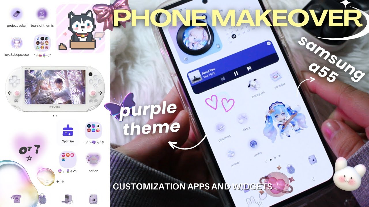aesthetic phone makeover 🫧🪻 | purple theme 💜| samsung a55