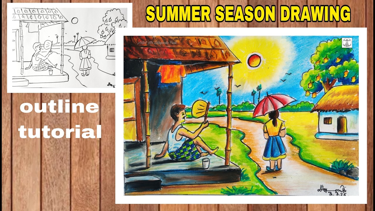 Summer Scenery Drawing/ Summer Season Drawing, pastel colour easy/Beautiful Summer Drawing,tutorial