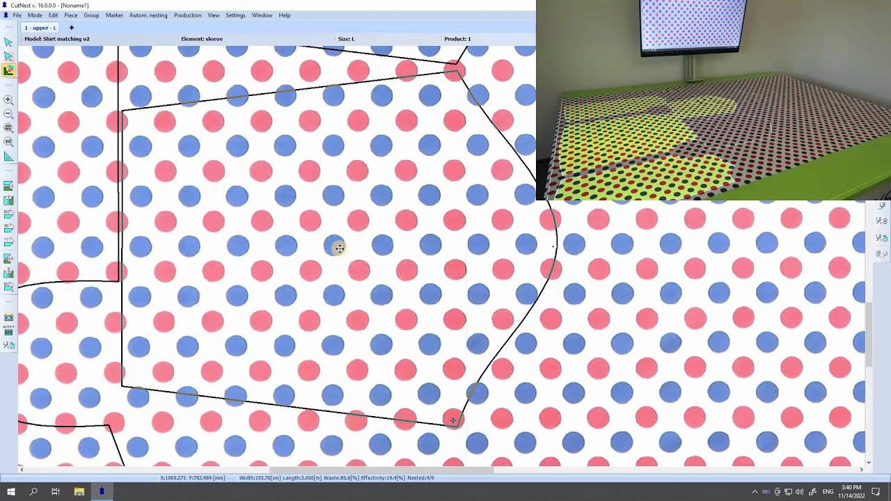 Nesting of pieces on camera scanned and calibrated image of fabrics