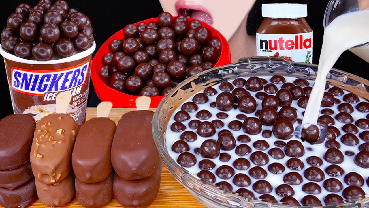 ASMR DARK MALTESERS MAGNUM CHOCOLATE ICE CREAM NUTELLA TWIX M&MS DESSERT MUKBANG몰티져스 먹방EATING SOUNDS