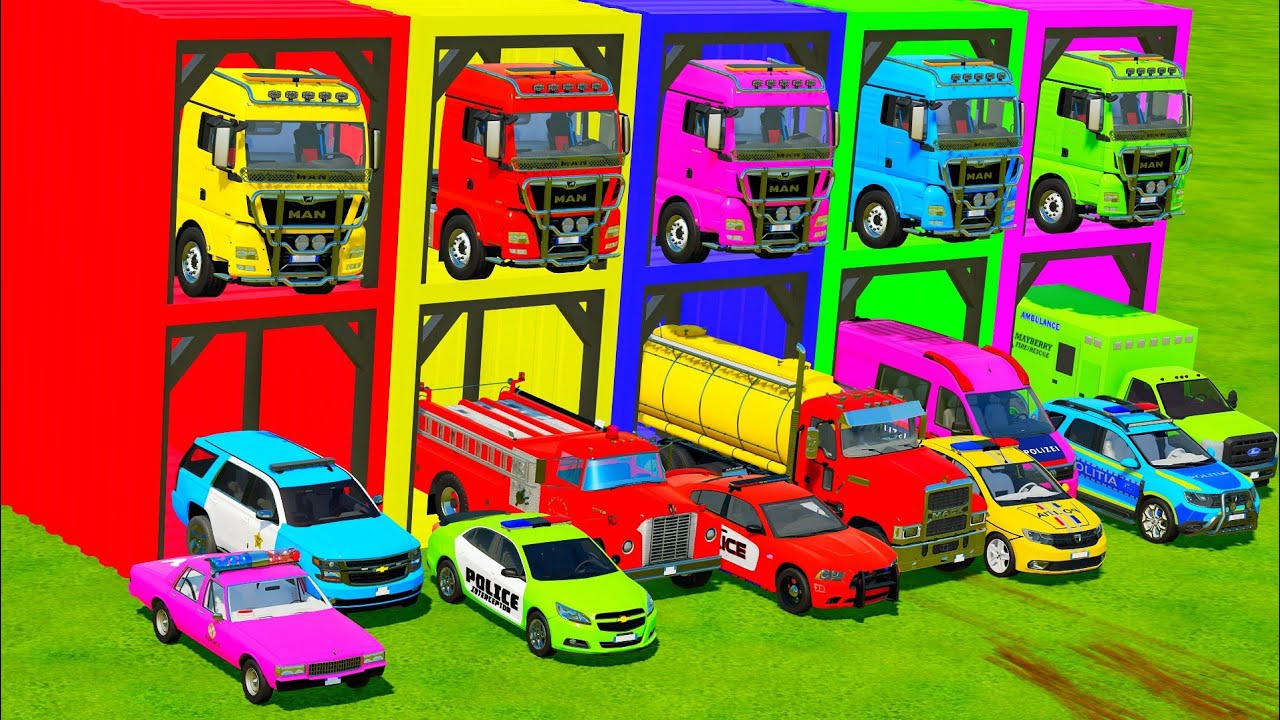 TRANSPORTING ALL POLICE CARS and AMBULANCE EMERGENCY VEHICLES WITH MERCEDES POLICE TRUCKS! FS22