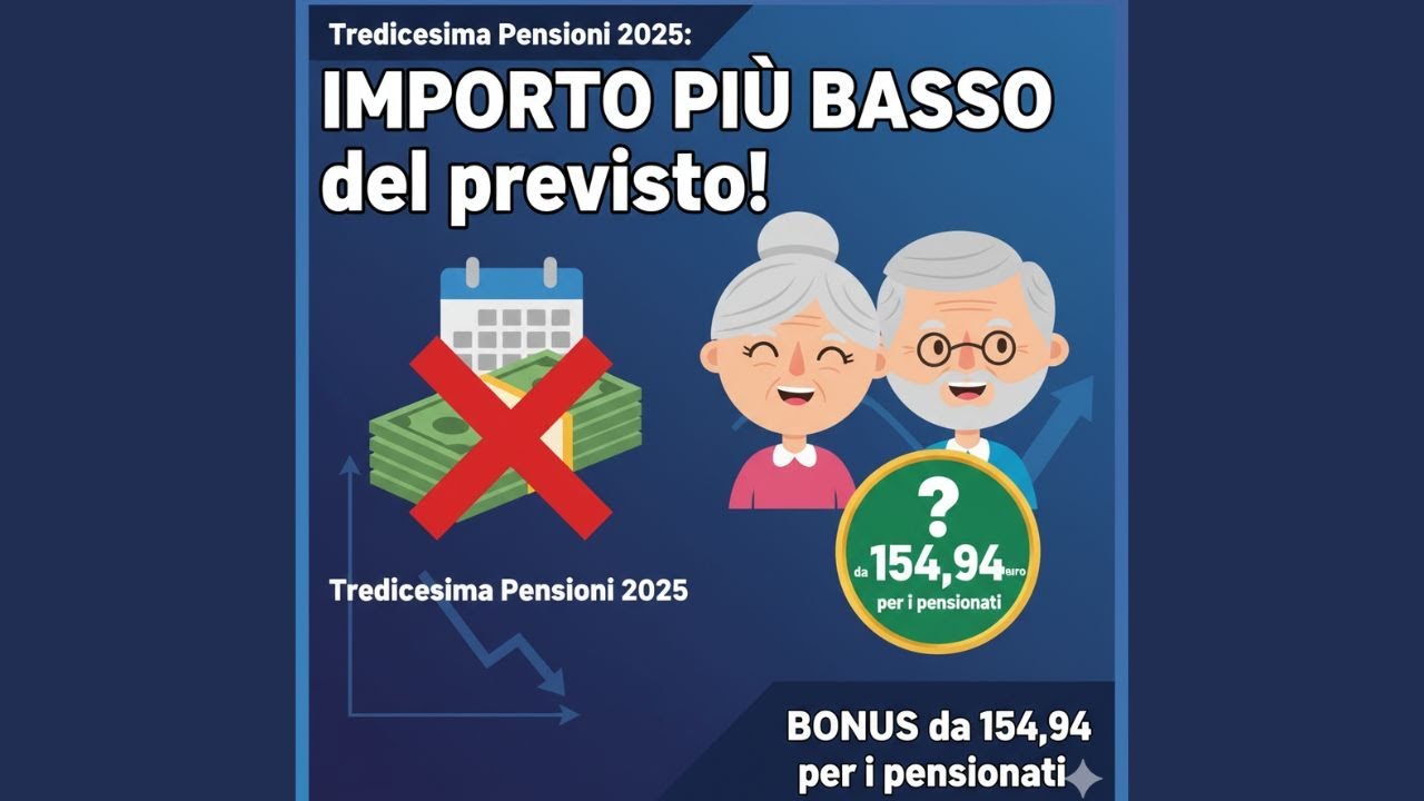 Tredicesima Pensioni 2025: IMPORTO PI&Ugrave; BASSO del previsto! BONUS da 154,94 euro per i pensionati