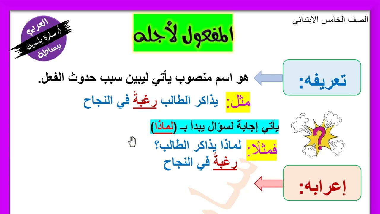 المفعول لأجله وإعرابه | نحو الصف الخامس الابتدائي | اللغة العربية المنهج الجديد مع أ/ سارة ياسين