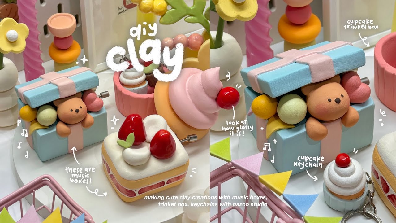 making cute clay music box + sharing tools i use🍓🍒🎁 using air dry clay / no bake