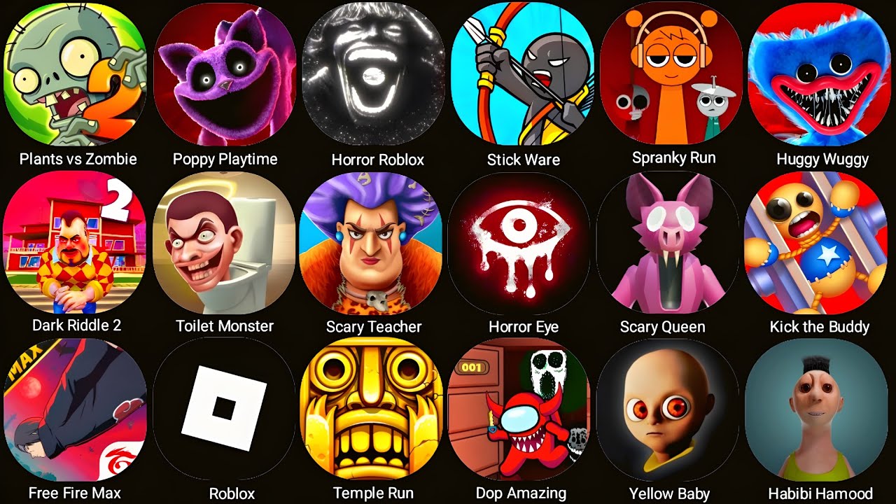 Grimace Monster Scary Survival,Poppy Playtime 4,Bowmasters,Scary Teacher 3D,Squid Game Family,Roblox