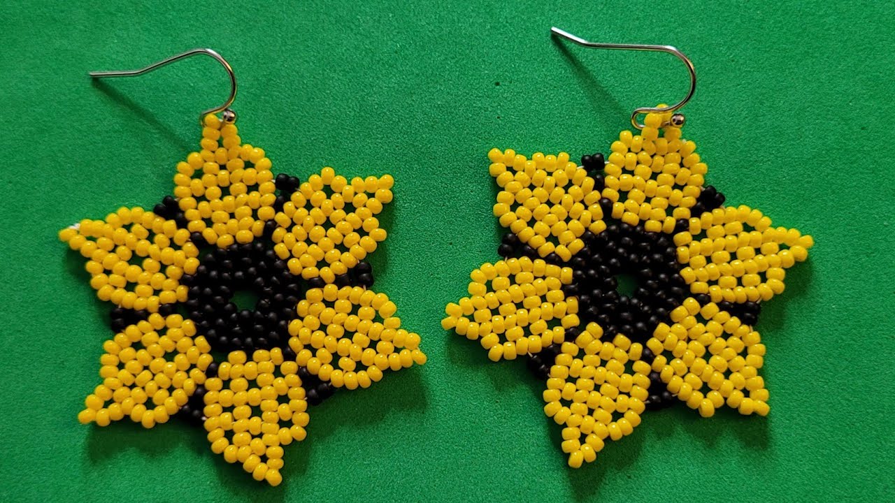 BISUTERIA FACIL PASO A PASO Aretes huichol de girasol en mostacillas facil  de hacer #huichol