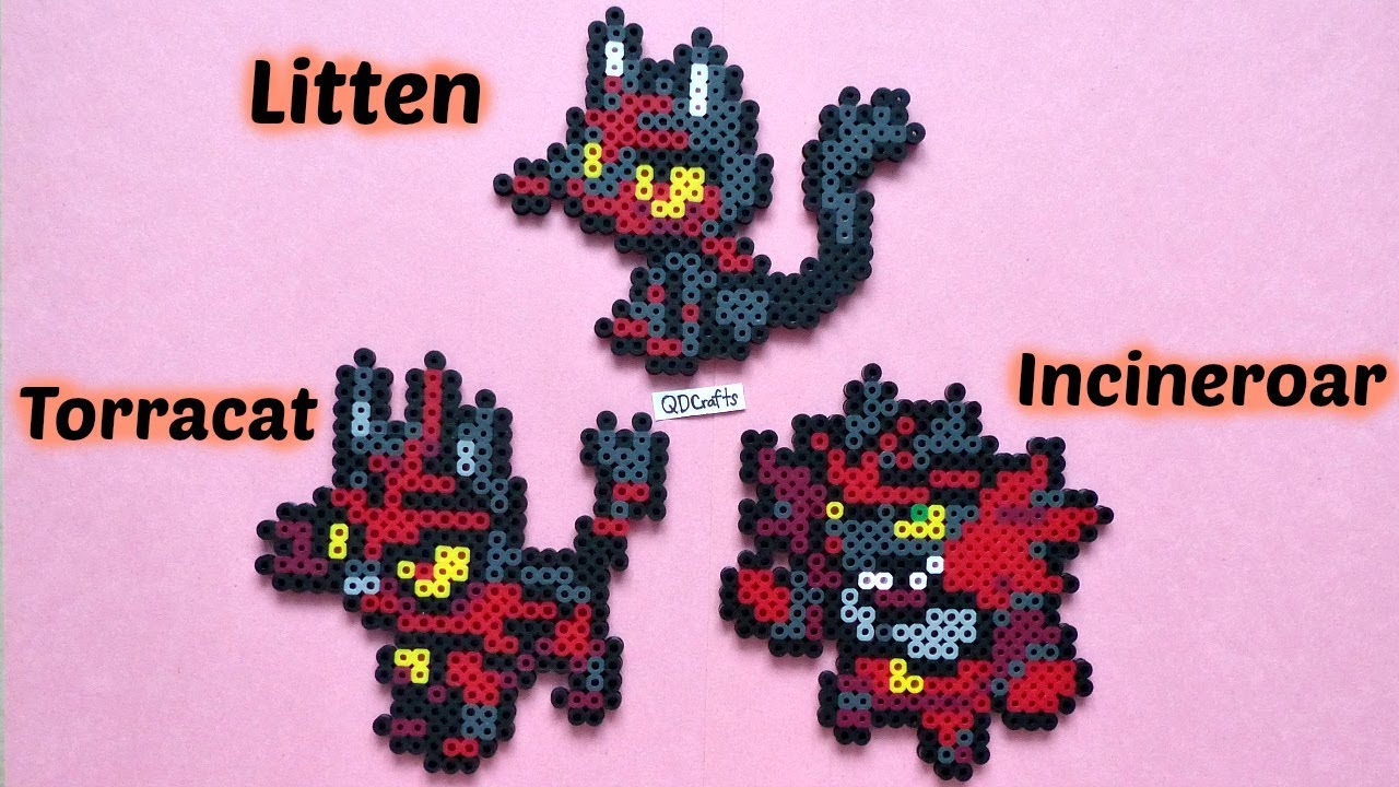 Perler Bead Pok&eacute;mon: Litten, Torracat, Incineroar Evolution Sprites