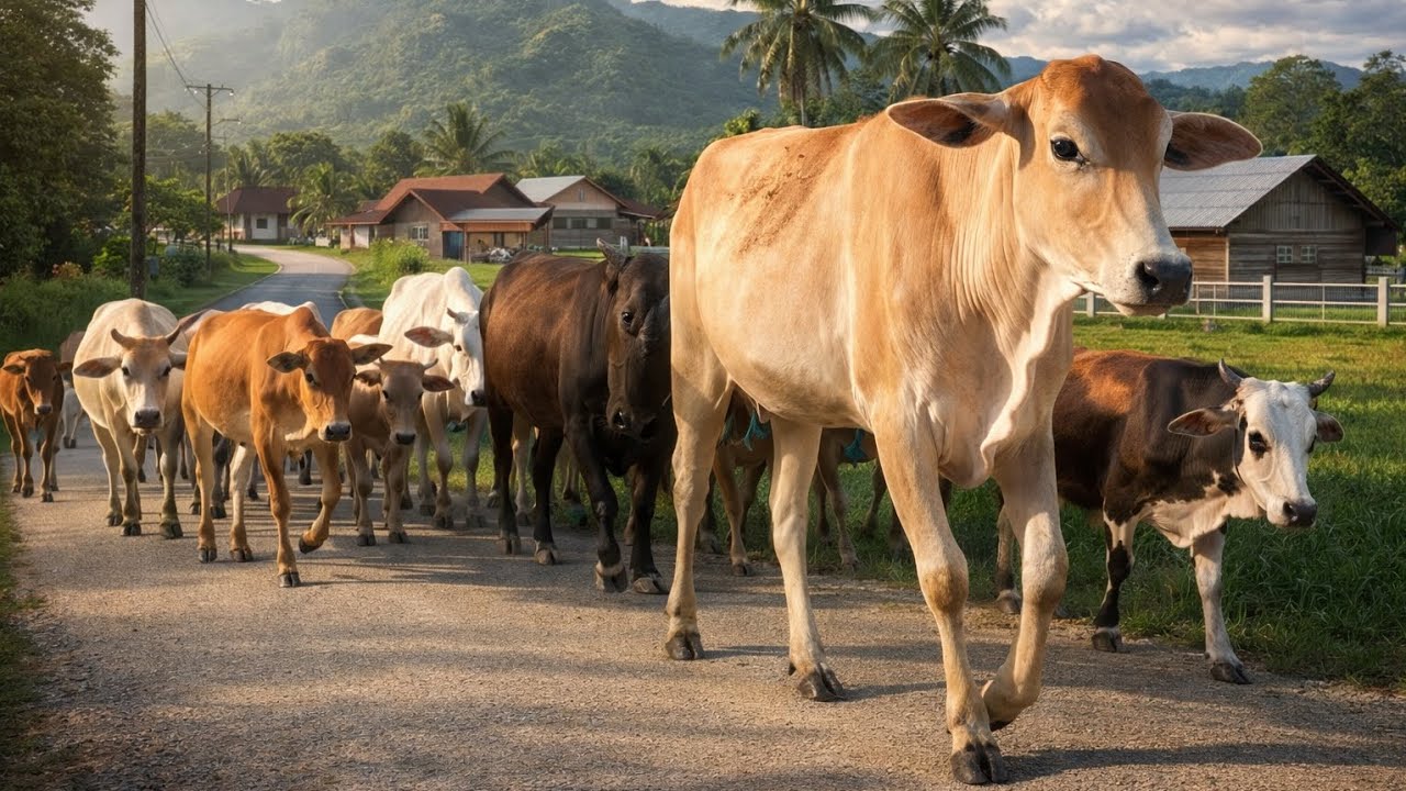 “Peaceful Morning Walk of Happy Cows in a Beautiful Village