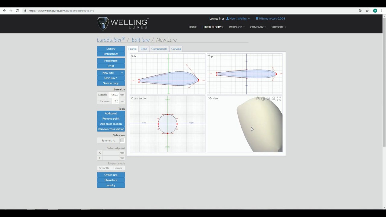 LureBuilder&reg;: starting new lure, profile tab, saving design