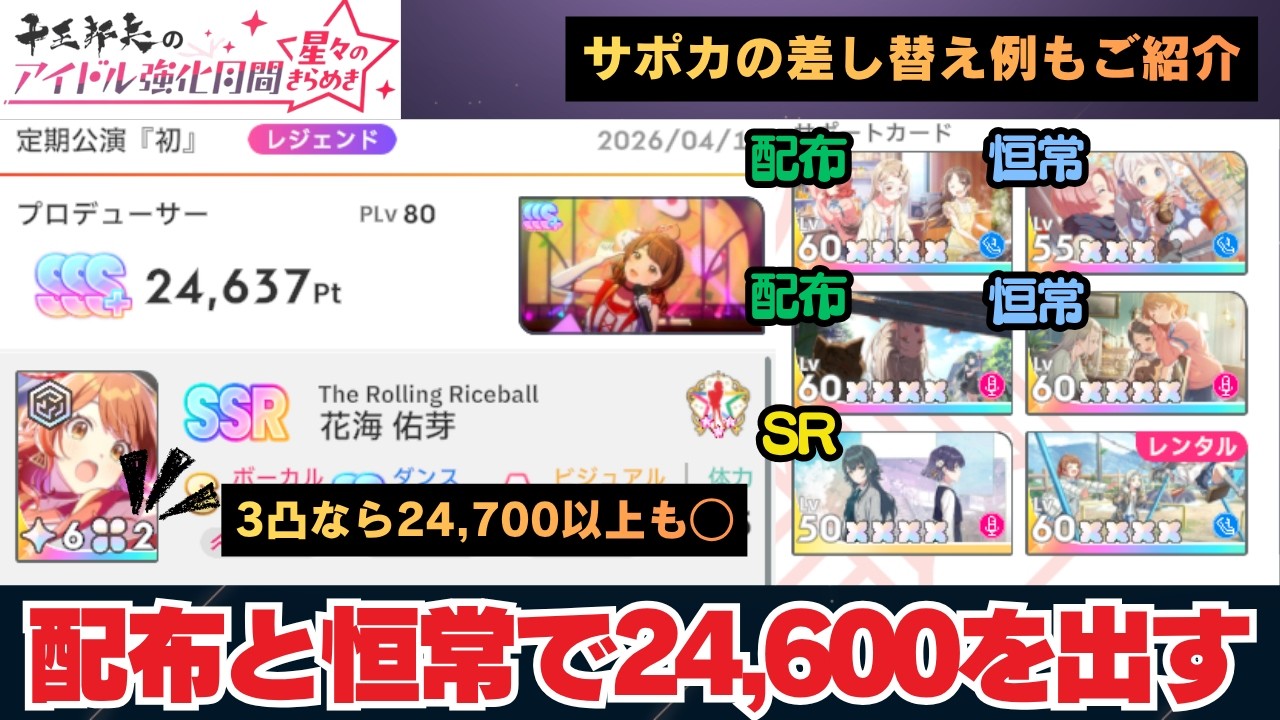 【投稿者解説】花海佑芽の強化月間 | 2凸佑芽＆恒常と配布のみで評価値24,600を出す方法【学園アイドルマスター反応集】