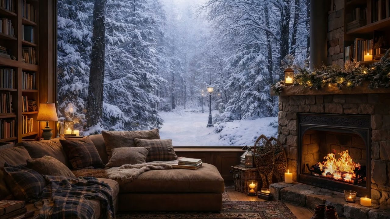 Cozy Winter Cabin in the Snow ❄️ 🎶 Fireplace & Soft Jazz Ambience for Relax, Study & Sleep