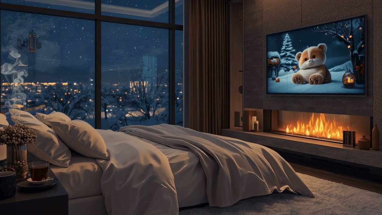 Ambient Winter Luxury ✨ Golden Fireplace, Snowfall & Elegant Night View | 3H Calm