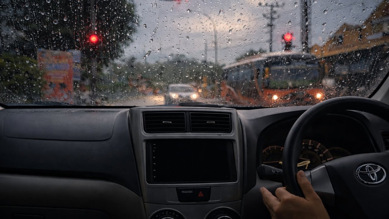Night Rain Drive for Deep Sleep, Heavy Rain & City Lights from Inside the Car