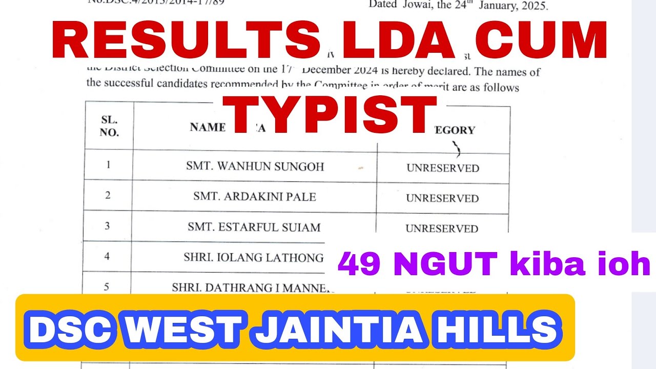 RESULTS DSC LDA WEST JAINTIA HILLS | DSC WEST JAINTIA HILLS| 49 NGUT KIBA IOH