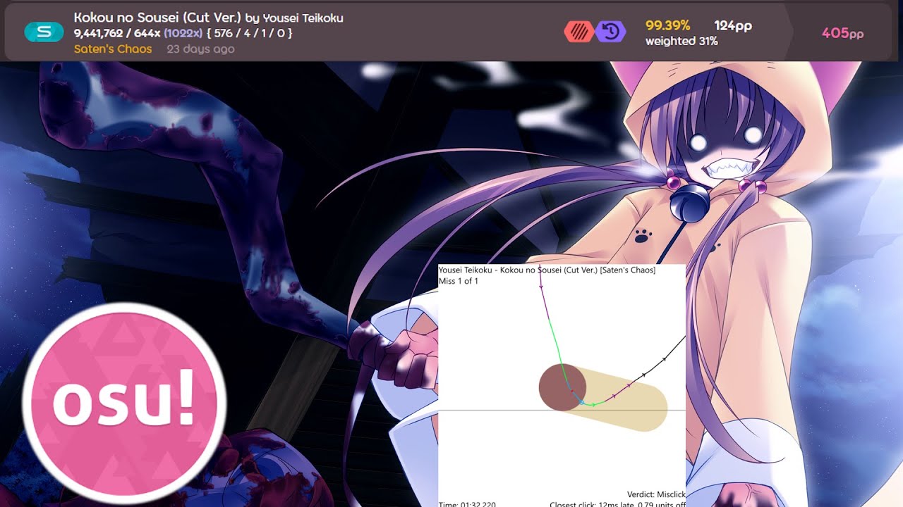 osu! | 1 slidermiss kokou no sousei (405pp, 452pp if fc)